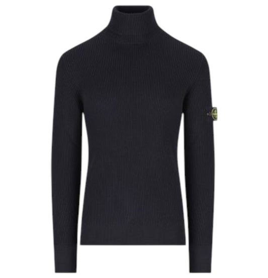 Stone Island, Navy Blue Full Rib Wool Turtleneck Jumper
